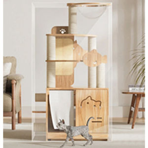 Arbre à chat multi-niveaux en bois massif couleur naturelle avec nid-capsule et armoire à litière coulissante - Product Image 5