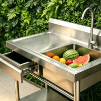 Évier simple en acier inoxydable pour restaurant avec égouttoir et tiroir de rangement sous l'étagère