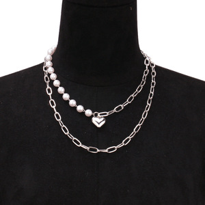 Collar de perlas sintéticas con colgante de corazón geométrico de doble capa para mujer, joyería versátil de estilo Ins - Product Image 2