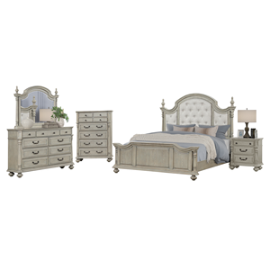 Ensemble de meubles de chambre à coucher gris clair de style campagnard - Lit capitonné, commode, table de chevet et coffre avec un style rustique moderne vintage - Product Image 1