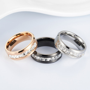 <b>Titanium</b> Steel <b>Ring</b> 8mm Diamond Set Channel Setting Unisex Fashion Jewelry Gift Rose Gold <b>Black</b> Steel Color Geometric Design - Product Image 1