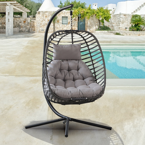 Chaise <span class=keywords><strong>hamac</strong></span> en osier pour le confort extérieur balançoire suspendue pliante en rotin PE avec coussin épais et <span class=keywords><strong>support</strong></span> en <span class=keywords><strong>métal</strong></span> stable - Product Image 1