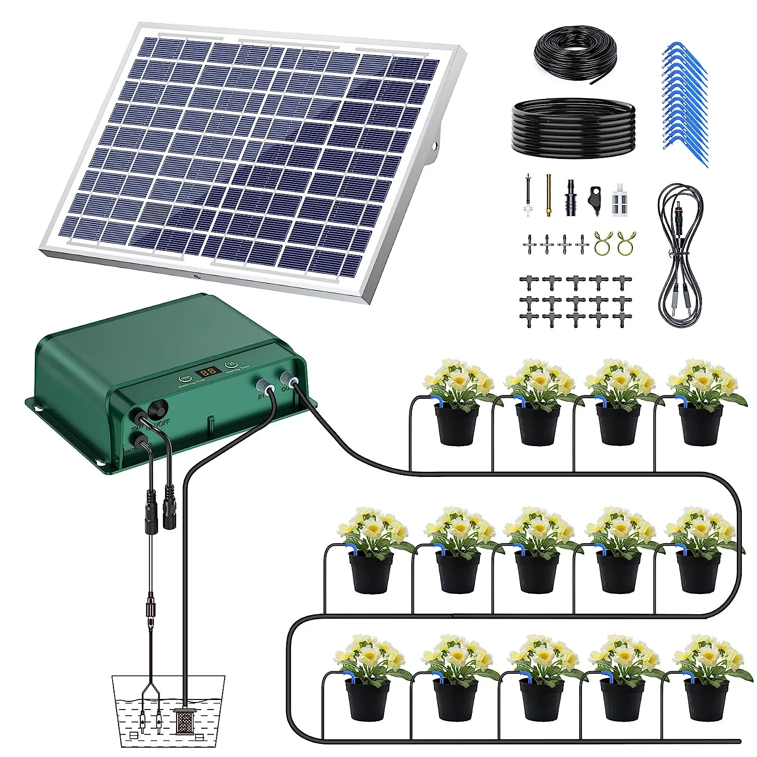 Controladores automáticos do sistema de gotejamento DIY Micro Drip Kit Casa Jardim Varanda Solar Powered Plantas Rega Irrigação