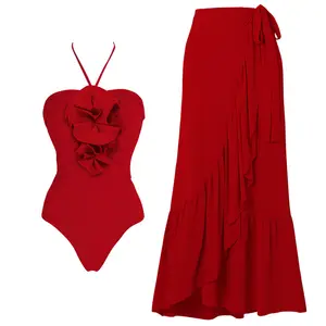 2024 قطع قطعة واحدة ملابس سباحة 3D تطبع باللون الأحمر تنورة عطلة ملابس سباحة بكيني للنساء ملابس شاطئ بدلات حمام فاخرة