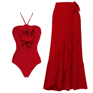 2024 Detachable 3D Flower Red One Piece <strong>Swimsuit</strong> and <strong>Skirt</strong> Vacation Swimwear <strong>Women</strong> Bikinis Beachwear Luxury Bathing Suits - Product Image 1