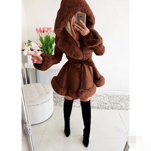 Nouveau <span class=keywords><strong>Manteau</strong></span> à Capuche Chaud pour Femme 2025, Manches Longues, Couleur Unie, Ceinture à Ruban, Détails en <span class=keywords><strong>Fourrure</strong></span> et Volants - Product Image 5