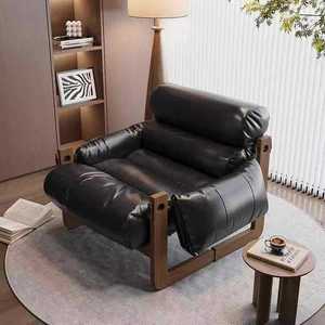 Leather <b>Recliner</b> Chair Wooden Frame Black Leather Upholstery Tilting Function Living Room Furniture - Product Image 1