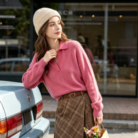 Pull-over en Cachemire 100% pour Femme, Col Revers Décontracté, Logo Frontal, Tricot Ample, Collection Hiver, Vente en Gros
