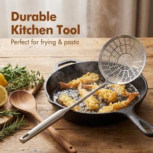 Colador de acero inoxidable 304 de gran tamaño, apto para uso alimentario, con mango largo para frituras, cuchara coladora doméstica para fideos - Product Image 5