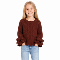 Pull-over en tricot à col rond marron pour enfants avec logo personnalisé, manches longues à nœud, en polyester, mignon, décontracté, automne-hiver, vente en gros