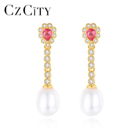 CZCITY Boucles d'oreilles pendantes vintage en argent sterling 925 avec perle d'eau douce pour femmes, design tendance