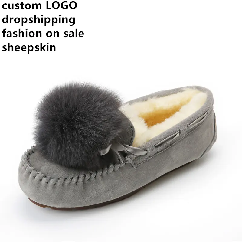 Custom LOGO Fashion Winter women Sheepskin Factory fashion trend And Anti-slippy Rubber Sole Snow Boot Moccasins with ball