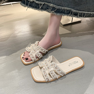 Sandales d'été pour femmes à bout carré avec pompon, respirantes, confortables, style français, pour les loisirs, en tissu - Product Image 3