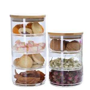 Conjunto de estilo moderno de 3 tamanhos, frascos de vidro quadrados de borosilicate com tampa de bambu e colher para grãos de café e biscoitos