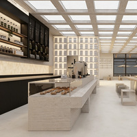 Aménagement et rénovation moderne de café : planification d'espace, design intérieur, vitrine LED en verre, comptoir bar sur mesure