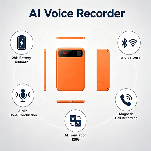 AI Voice Recorder & Real-Time Translator - 3-Mic Bone Conduction, 28H, 128G TF, BT5.3 WiFi, OEM Custom, CE ROHS