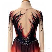 Costume de patinage artistique en spandex/nylon avec strass dégradé noir et rouge, manches longues, dos en V profond, robe de performance sur glace pour filles et enfants