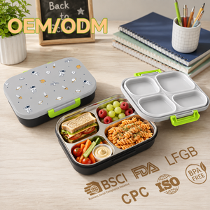 กล่องข้าวสแตนเลสทรงสี่เหลี่ยมน่ารัก 3 ช่อง ปลอดสาร BPA กล่องเบนโตะกันรั่ว พกพาสะดวกสำหรับเด็ก - Product Image 1