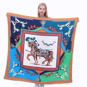 130cm Twill Silk Scarf Horse Printing Big Square Women Bandana Shawl Foulard Scarves Wraps For Ladies