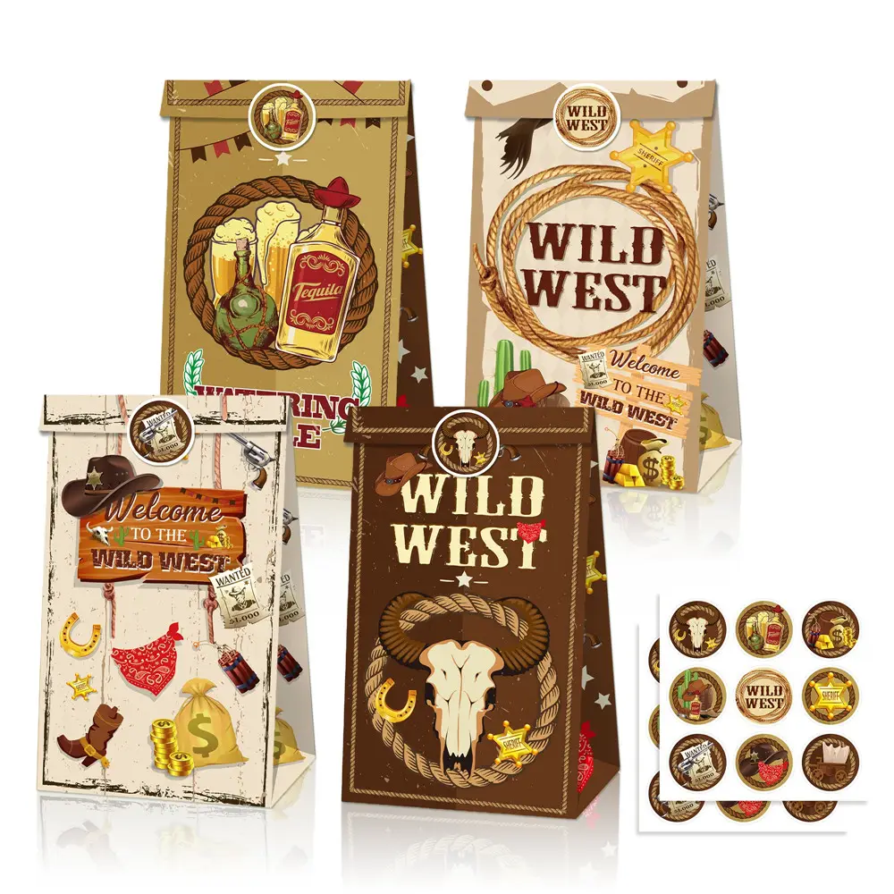 LB159 borse da regalo per caramelle da Cowboy Goodies 12 pezzi borsa bomboniera in carta Kraft con adesivi per wild west party