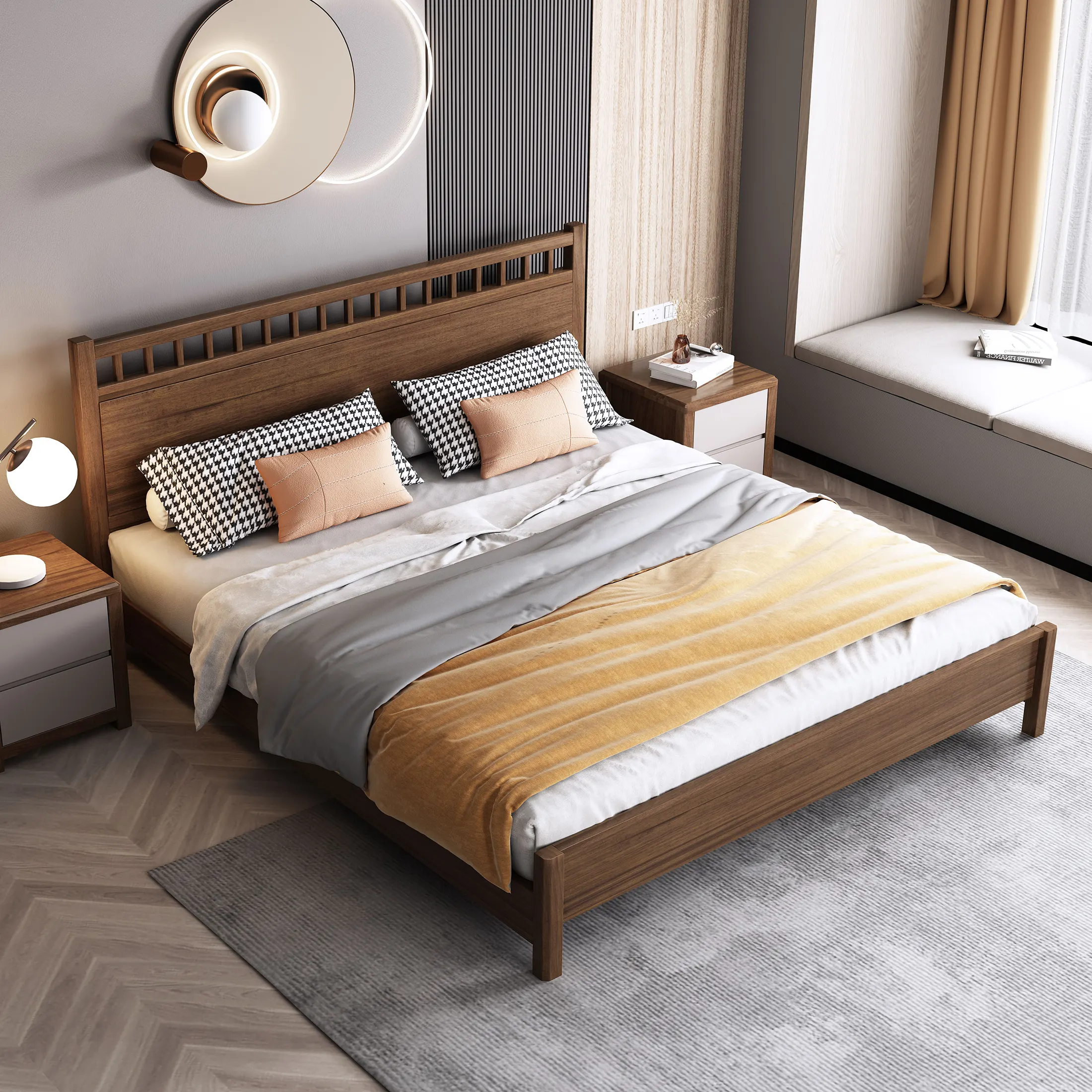 Tempat tidur kayu padat sederhana dengan desain pilar Headboard ukuran King Queen tempat tidur warna Walnut kokoh kamar tidur set dengan papan kayu pinus