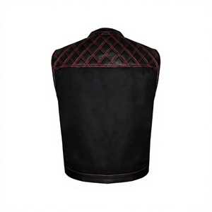 Chaleco de Cuero Negro para Hombre, Estilo Motero, con Costuras Rojas, Diseño Acolchado, Cuello Mao, Cortavientos, Prenda Exterior Sólida para Invierno - Product Image 4
