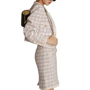 ESSLIFE Ladies Wholesale Custom Designers Manual Jacquard weave Lace Jacket Skirt Fancy suiting Suit