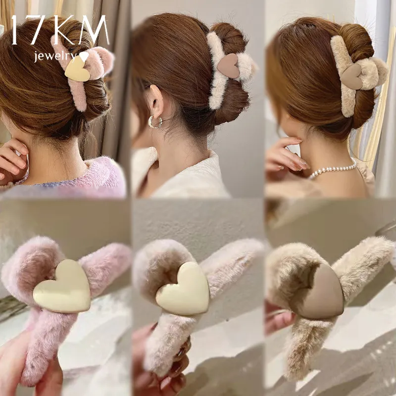 17KM-Pinzas de pelo de felpa con forma de corazón para mujer, pinza de pelo caliente para otoño e invierno, lazo coreano, pasador grande de cangrejo y tiburón, accesorios para el cabello