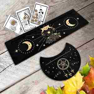 Support de cartes de tarot en bois gravé, présentoir de cartes en cristal noir, articles de divination mystérieux pour la décoration intérieure, rangement de cartes - Product Image 1