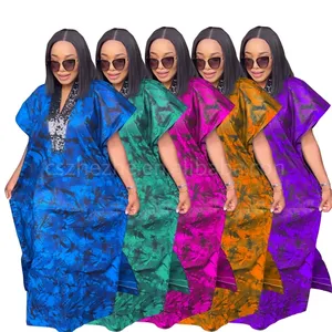 ZHEZHE 2024 Novas chegadas Oriente Médio Lantejoula Impresso Solto Montagem Robes Com Lenço Africano Manga Curta Maxi Robe Dress