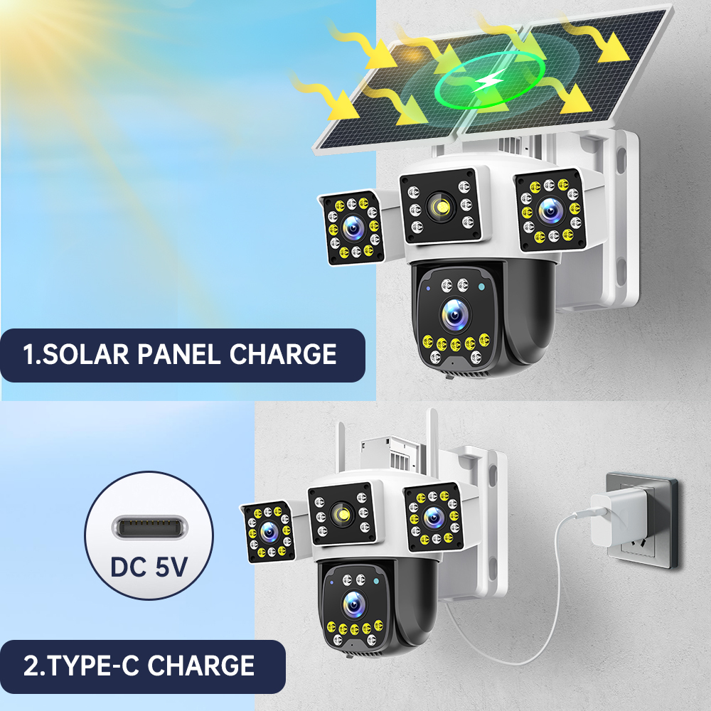 9MP 3 Lens 4G Solar Security Camera Outdoor 360° PTZ Wireless Camera 2Solar Panel Night Vision CCTV Camera for Farm