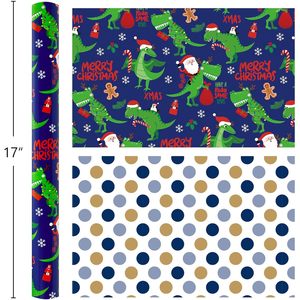 Blue Christmas <b>Wrapping</b> <b>Paper</b> Dinosaur Santa Pattern 17 Inch X 33 Feet Roll For Kids Gift Craft Recyclable - Product Image 3