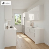 Meuble de cuisine en acrylique au design contemporain, aménagement en U, rangement par tiroirs, projets de maison et boîtes en panneaux de mélamine
