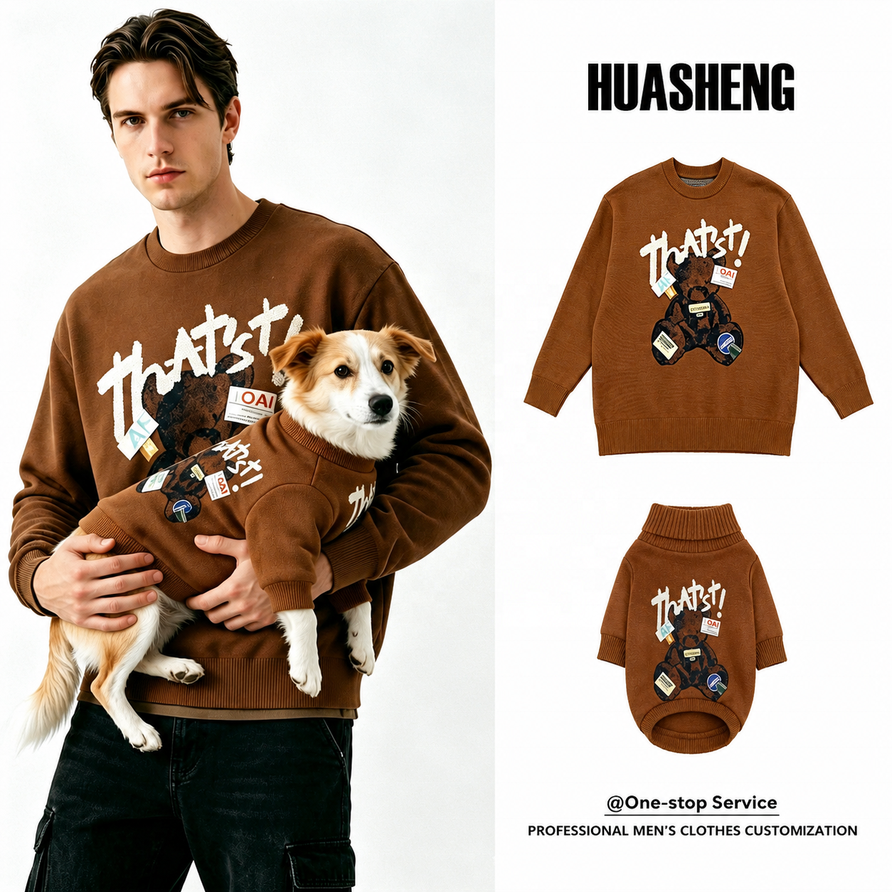 Men's Brown Teddy Bear Sweater Matching Owner and Pet Pullover for US European Urban Streetwear Market High Quality