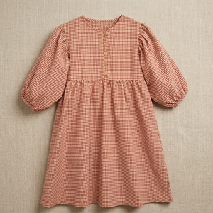 Girls <b>Red</b> <b>Gingham</b> Regular Sleeve Beach Silhouette Mid-Calf V-neck Button Eco-Friendly Casual Summer Style Cotton Dress - Product Image 4
