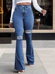 Pantalones vaqueros acampanados de cintura alta para mujer, estilo urbano, negros, desgastados, rasgados, elásticos, de largo completo con abertura - Product Image 3