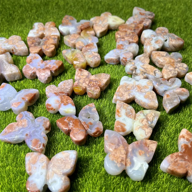 Venta al por mayor de piedras preciosas naturales, ágata de cristal pulida con forma de mariposa, ágata de flores para curación y regalo