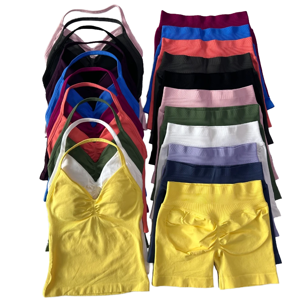Women's Yoga Set Halter Neck Solid Backless Tank Top Seamless Spandex/Nylon Shorts Front XL Fitness Activewear Quick Dry