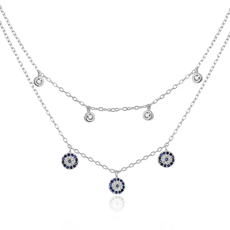 Fashion zircon jewelry necklaces 925 sterling silver long chain evil eye two layered necklace