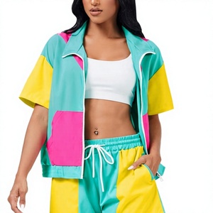 Ensemble 2 pièces sportif color block pour femme : veste zippée à col rabattu et short taille haute coupe ample, style Y2K printemps-été - Product Image 1