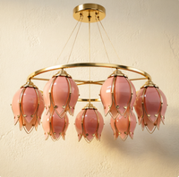 Lustre LED Floral Tulipe Rose Viral TikTok, 7 Lumières, Cadre Doré, Verre Teinté, Suspension pour Chambre, Décoration de Mariage, Plafonnier