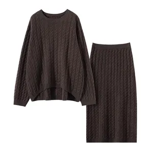 Women's Cable Knit Winter Sweater Set Soft Comfortable Elegant Wool Cashmere Skirt and Sweater Set for Cold Weather