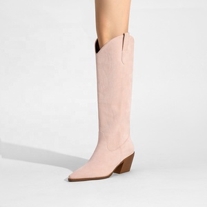 Bottes d'équitation pour femmes en faux daim brodé style western, hauteur genou, bout pointu, <span class=keywords><strong>talon</strong></span> bas, rehaussantes, printemps/été/hiver - Product Image 2