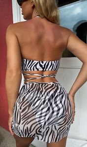 4Colors Zebra Print 3Pieces Swimsuit Ties Details Brazilian Bikini <b>Beach</b> Skirt Cover Ups - Product Image 4
