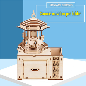 Puzzle 3D en bois pour enfants, carrousel rotatif, mécanisme à ressort, boîte à musique, porte-stylo, modèle 51-100 <span class=keywords><strong>pièces</strong></span>, <span class=keywords><strong>maison</strong></span> à anneaux magiques - Product Image 6