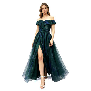 Robe longue en mousseline unie verte à épaules dénudées, fente haute, coupe trapèze, taille naturelle, sans étiquette, pour soirées et banquets - Product Image 1
