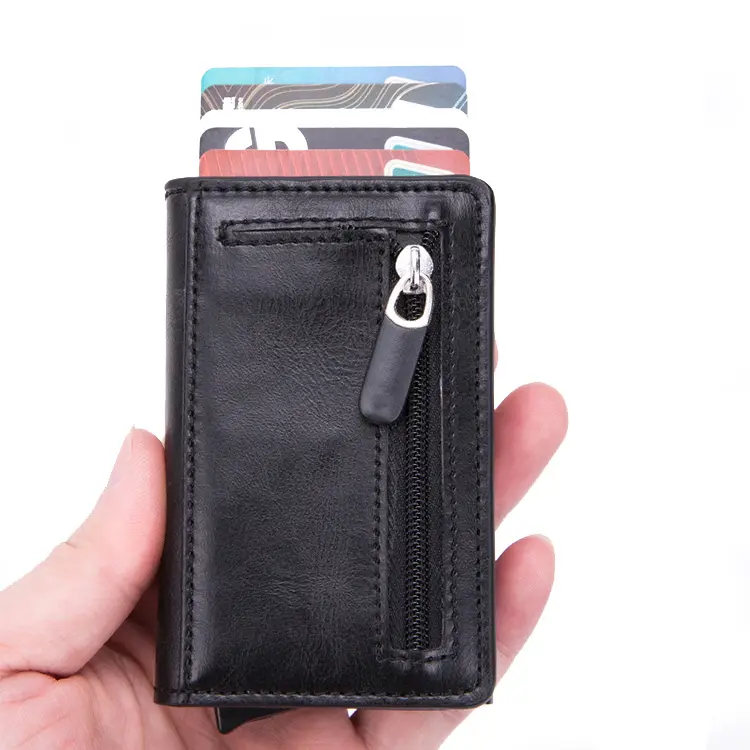 Guangzhou factory aluminium id credit card holder cover case tanned brown fashion card holder small coin wallet with zipper