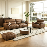 Ensemble de canapés modernes en cuir marron, canapé sectionnel droit avec fauteuil individuel et ottoman, meubles de salon