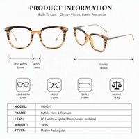 Gafas de Lujo con Montura Cuadrada Hecha a Mano de Cuerno de Búfalo Natural y Titanio, con Protección Anti Luz Azul y Lentes Fotocromáticas, Unisex
