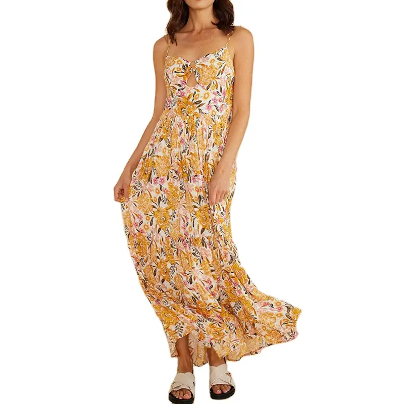 Summer Vintage ODM Tiered Maxi Dress Strap Dress Sundress OEM Floral Print Women Sexy Cut Out Beach Casual Dresses OEM Service